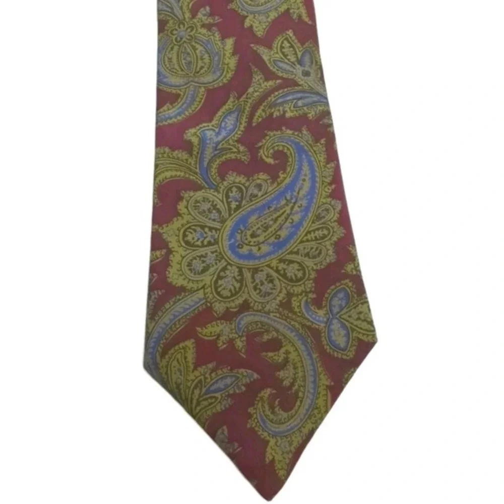 Chaps Ralph Lauren 100% Silk Necktie Paisley‎ Floral Wine Red Blue Gold 57